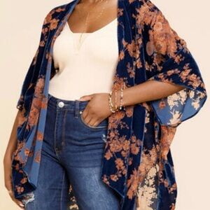 Floral Kimono Cardigan in Blue and Orange